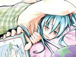  analog_clock aqua_eyes aqua_hair bed bibi blanket clock hatsune_miku long_hair one_eye_closed solo spring_onion vocaloid wavy_mouth 