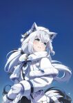  1girl ahoge animal_ear_piercing animal_ears aqua_eyes bag black_ribbon black_skirt blue_bow blue_bowtie blue_sky bow bowtie braid capelet commentary_request crossed_bangs day double-parted_bangs extra_ears fox_ears fox_girl fox_tail fur-trimmed_capelet fur-trimmed_jacket fur_hat fur_trim gloves hair_between_eyes hair_ribbon hat highres hololive imo_bouya jacket long_hair low_ponytail outdoors parted_lips pentagram ponytail ribbon shirakami_fubuki shoulder_bag side_braid skirt sky solo tail virtual_youtuber white_capelet white_gloves white_hair white_hat white_jacket 