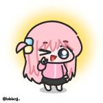  1girl aura black_skirt blue_eyes bocchi_the_rock! chibi chibi_only commentary cube_hair_ornament full_body gotoh_hitori hair_ornament hand_up highres jacket long_hair looking_at_viewer lulalang one_eye_closed one_side_up open_mouth personality_switch pink_hair pink_jacket skirt smile solo standing symbol-only_commentary twitter_username white_background 