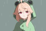  1girl :o absurdres ahoge alternate_costume animal_hood blue_archive frog_hood green_background green_raincoat halo highres hood hood_up long_hair looking_at_viewer natsu_(blue_archive) open_mouth pink_hair pink_halo pixel_art rain raincoat red_eyes sidelocks simple_background slmnk10124 solo upper_body wet 