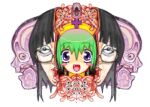  2000s_(style) avvunka black_hair blood blunt_bangs blush_stickers body_horror commentary cross eyeball fang glasses green_hair guro lips open_mouth original realistic smile teeth white_background 