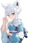  1girl absurdres ahoge animal_ear_fluff animal_ear_piercing aqua_eyes blue_kimono blue_sash braid bun_with_braided_base closed_mouth commentary_request floral_print floral_print_kimono fox_girl furisode hair_between_eyes hair_bun highres holding holding_omikuji hololive japanese_clothes kimono looking_at_viewer obi omikuji print_kimono sash shirakami_fubuki side_braid simple_background single_hair_bun smile solo ta_shiuji30 upper_body virtual_youtuber white_background white_hair wide_sleeves 
