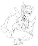  animal_ears blush breasts cleavage fox_ears fox_tail greyscale hinabu large_breasts long_hair looking_at_viewer monochrome multiple_tails simple_background solo squatting tail white_background 