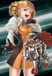  armor black_gloves blonde_hair blue_eyes blush_stickers cape cravat dress drill_hair gloves gundam gundam_build_fighters juliet_sleeves knight_gundam konnyaku_(kk-monmon) long_sleeves looking_at_viewer mecha ojou-sama_pose open_mouth outstretched_arm puffy_long_sleeves puffy_sleeves short_hair yajima_caroline 