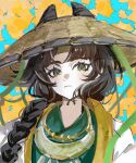  1girl autumn_leaves blue_background closed_mouth coat cone_hair_bun double_bun ginkgo_leaf green_headband green_robe hair_bun hair_over_shoulder hat headband highres jewelry jingshen_kongji leaf leaf_background liang_yue_(reverse:1999) long_braid looking_at_viewer necklace official_alternate_costume portrait reverse:1999 rice_hat robe solo white_coat yellow_eyes 