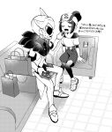  1boy 1girl absurdres bag bettie_(pokemon) blush box box_of_chocolates chair chocolate closed_eyes commentary_request couch feeding food greyscale hair_bun hat highres holding holding_box holding_chocolate holding_food jacket k_lisl lear_(pokemon) long_sleeves looking_at_another lower_teeth_only monochrome necktie on_chair on_couch open_mouth pants pantyhose pokemon pokemon_masters_ex shirt short_hair short_sleeves shorts sitting sunglasses sweatdrop teeth 