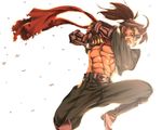  abs blazblue brown_eyes brown_hair elbow_gloves eyebrows fingerless_gloves gloves greaves jumping kawo-ri male_focus midriff muscle ninja open_mouth ponytail red_scarf scarf shishigami_bang sideburns solo thick_eyebrows 