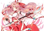  breasts chiyome_(p&amp;d) fingerless_gloves fishnets gloves hachimaki hair_rings hair_tubes headband kaki_s large_breasts long_hair looking_at_viewer naginata navel one_eye_closed pink_eyes pink_hair polearm puzzle_&amp;_dragons skirt smile solo weapon 