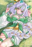  1girl animal_ear_fluff animal_ears artist_name bell breasts cleavage clenched_hands closed_mouth clover_hair_ornament commission english_commentary eyelashes four-leaf_clover_hair_ornament grass green_eyes green_hair green_nails hair_ornament highres indie_virtual_youtuber kitsunya_(vtuber) krashena long_braid lying multicolored_hair on_back shadow streaked_hair virtual_youtuber white_hair 