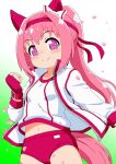  1girl animal_ears blush bow breasts buruma clenched_hand closed_mouth collarbone commentary_request ear_bow ear_covers falling_petals fingerless_gloves flower-shaped_pupils flower_in_eye gloves haru_urara_(bestest_prize)_(umamusume) haru_urara_(umamusume) headband horse_ears horse_girl horse_tail jacket long_hair midriff mizusaki_johnko navel petals pink_buruma pink_eyes pink_hair pink_headband ponytail red_buruma red_gloves red_headband shirt small_breasts smile solo symbol-shaped_pupils symbol_in_eye tail umamusume white_jacket white_shirt 