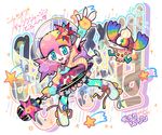  1girl bird blue_eyes choker cover cover_page fingerless_gloves galaxxxy gashi-gashi gloves helmet microphone microphone_stand original pantyhose pink_hair psychedelic roller_skates skates skirt solo_focus 