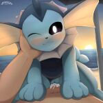 1:1 absurd_res beach bestiality blue_body blush bodily_fluids caressing_face clothing cum cum_in_vagina cum_inside duo eeveelution female female_on_human female_on_top feral first_person_view generation_1_pokemon genital_fluids genitals heart_symbol hi_res human human_on_feral interspecies looking_at_viewer male male/female mammal nintendo on_top one-piece_swimsuit one_eye_closed pawsolie penetration pokemon pokemon_(species) pokephilia sex sunset swimwear vaginal vaginal_penetration vaporeon vulva