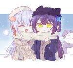  2girls :d ^_^ aran_sweater assault_lily beret black_hat blue_background blue_jacket blush brown_cardigan brown_sweater bukejie butterfly_hair_ornament cable_knit cardigan chibi chinese_commentary closed_eyes closed_mouth commentary_request cropped_torso flower funada_kiito funada_ui fur-trimmed_headwear fur_trim gradient_background green_eyes grey_hair grey_hat grey_scarf hair_flower hair_ornament hair_ribbon hand_up hat hat_with_ears highres jacket letterboxed long_hair long_sleeves looking_at_viewer multiple_girls open_clothes open_jacket open_mouth outside_border pom_pom_(clothes) purple_hair red_flower red_ribbon ribbon santa_hat scarf shared_clothes shared_scarf siblings side-by-side sisters smile snowing snowman sweater upper_body very_long_hair white_hat white_scarf winter_clothes 