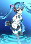  blue_eyes blue_hair boots detached_sleeves hatsune_miku headset long_hair looking_at_viewer megalateo necktie skirt smile solo thigh_boots thighhighs twintails vocaloid 