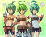  :&lt; ahoge beltbra bike_shorts bream-tan choker collarbone cowboy_shot disgaea expressionless female_warrior_(disgaea) flat_chest gloves green_background green_eyes green_hair hand_on_hip happy_new_year headband highres looking_at_viewer multiple_girls multiple_persona navel new_year pointy_ears shirt short_hair sleeveless sleeveless_shirt sword translated v weapon white_shirt 