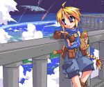  1girl against_railing ahoge architecture arm_support atmospheric_layer bag baggy_shorts belt belt_buckle belt_pouch blonde_hair blue_eyes blue_vest boots braid buckle cloud eating fingerless_gloves flat_chest fold-over_boots food girl_with_a_blonde_braid_(tomoshibi_hidekazu) glove_belt gloves hair_tie leaning leaning_back leaning_on_object long_hair low_ponytail lowres moon oekaki original paper_bag pocket ponytail pouch railing shooting_star shorts sideless_outfit sky solo space star_(sky) starry_sky sword_hilt tomoshibi_hidekazu very_long_hair vest zipper zipper_pull_tab 
