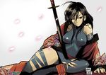  arm_support bare_shoulders black_hair blue_eyes blue_leotard bridal_gauntlets floral_print frown japanese_clothes jinbei katana kimono leotard long_hair marvel nail_polish petals psylocke reclining sitting solo sword thighhighs weapon x-men 