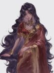  1girl alternate_costume bindi black_hair bracelet commentary dark-skinned_female dark_skin dated desi earrings english_commentary green_eyes highres himemiya_anthy indian_clothes jewelry kizu03241417 long_hair necklace red_shirt ring sari shirt shoujo_kakumei_utena signature solo very_long_hair wavy_hair white_background 