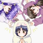  3girls :d animal_costume animal_hood blue_hair brown_hair cat_hood closed_mouth commentary highres hood kuonji_ukyou multiple_girls onesie pink_lips purple_hood rabbit_hood ranma_1/2 shampoo_(ranma_1/2) sheep_costume sheep_hood smile takotakoagare85 tendou_akane white_hood yellow_eyes 