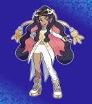  1girl asymmetrical_clothes asymmetrical_pants bare_shoulders blue_background bright_pupils caraway_(pokemon) clothing_cutout coattails colored_inner_hair commentary_request dark-skinned_female dark_skin eyewear_on_head gloves highres holding holding_poke_ball long_hair looking_at_viewer luxury_ball multicolored_hair navel navel_cutout official_art open_mouth pants poke_ball pokemon pokemon_champions ponytail red_eyes single_pantsleg smile solo sunglasses tailcoat teeth tinted_eyewear two-tone_hair upper_teeth_only white_pants white_pupils 