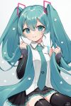  1girl aqua_eyes aqua_hair aqua_necktie binchou_maguro black_skirt black_sleeves breasts closed_mouth collared_shirt commentary detached_sleeves grey_background hair_between_eyes hair_ornament hatsune_miku hatsune_miku_(vocaloid4) highres holding holding_own_hair long_hair long_sleeves looking_at_viewer miniskirt necktie pleated_skirt shirt simple_background skirt sleeveless sleeveless_shirt small_breasts smile solo tie_clip twintails_day v4x very_long_hair vocaloid white_shirt 