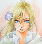  bad_id bad_pixiv_id bangs blonde_hair blue_eyes christa_renz commentary_request face flower hair_between_eyes hair_flower hair_ornament highres looking_at_viewer marker_(medium) parted_bangs parted_lips shingeki_no_kyojin short_hair solo ssd-sam traditional_media 