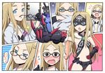  armband bare_shoulders black_bra black_gloves black_panties blonde_hair blue_eyes blush bra claws closed_eyes cosplay fang fur_trim gauntlets glasses gloves half_gloves hashimoto_kurara labcoat long_hair long_sleeves lowleg lowleg_panties lowleg_skirt mask midriff natasha_(sekai_seifuku) navel open_mouth panties roboko_(sekai_seifuku) sekai_seifuku:_bouryaku_no_zvezda star tears underwear v venera-sama venera-sama_(cosplay) yawning 