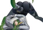  1girl aqa arknights arknights:_endfield ass black_bodysuit bodysuit commentary fluorite_(arknights) green_eyes green_hair hair_through_hood hands_on_ground hood hood_up hooded_shrug jack-o'_challenge long_hair looking_at_viewer ponytail shrug_(clothing) simple_background snake_girl snake_tail solo spread_legs tail top-down_bottom-up white_background white_shrug wide_spread_legs 