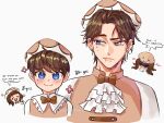  1boy 1girl :d aegyo_sal age_progression angry arms_at_sides ascot blankcharti blue_eyes bow bowtie brown_bow brown_bowtie brown_hair brown_hat brown_shirt bush buttons character_age chibi chibi_inset child clenched_teeth closed_mouth commentary cropped_torso curtained_hair double-breasted dual_persona ear_piercing earrings english_commentary english_text eyebrow_piercing face_piercing facing_viewer frown grey_background hair_behind_ear half-closed_eyes hat heart heart_button highres index_finger_raised jewelry lip_piercing lips looking_at_viewer looking_to_the_side messy_hair mole mole_under_eye mon_cheri_tea_party open_mouth piercing raised_eyebrow roblox royale_high shaded_face sharp_teeth shirt short_hair simple_background sleeveless sleeveless_shirt smile speech_bubble straight-on stud_earrings swept_bangs tareme teeth thick_eyebrows traditional_bowtie tsurime v-shaped_eyebrows very_short_hair white_ascot white_shirt 