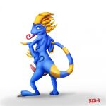 1:1 2015 animal_genitalia anthro artist_name biped blue_body blue_eyes blue_scales chameleon claws digital_media_(artwork) erection feet full-length_portrait genital_slit genitals hand_on_hip hand_on_own_hip hand_on_own_tail hand_on_tail hi_res horn lizard looking_at_viewer looking_back looking_back_at_viewer male male_anthro markings penis portrait red-9 reptile scale_markings scaler scaler_(character) scales scalie shadow simple_background slit_penis solo spines standing tail tapering_penis text toe_claws tongue tongue_out white_background yellow_body yellow_horn yellow_scales