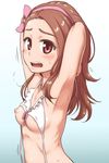  armpits arms_behind_head arms_up bikini blush breasts brown_hair hairband idolmaster idolmaster_(classic) long_hair looking_at_viewer minase_iori nipples open_mouth red_eyes small_breasts solo swimsuit ttomm 
