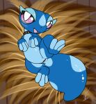 2026 absurd_res animal_genitalia bedroom_eyes blue_body blush cloaca collar female feral gecko gecqua generation_10_pokemon genitals hi_res lizard looking_at_viewer lying narrowed_eyes nintendo on_back open_mouth pink_eyes pokemon pokemon_(species) presenting reptile scalie seducing_viewer seductive shikaro smile smiling_at_viewer solo spread_legs spreading tail thick_tail