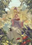  1girl blonde_hair blue_sky bonnet capelet chinstrap commentary_request corset dress expressionless fairy falling_leaves flower frilled_capelet frilled_sleeves frills full_body gloves grass hat hat_flower hat_ribbon hemorina highres house leaf long_sleeves looking_to_the_side mahou_tsukai_no_yome outdoors pink_capelet pink_eyes ribbon short_hair silkie sky solo standing tree watermark white_corset white_dress white_gloves 
