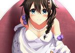  1girl absurdres admiral_(kantai_collection) akechi_shizuku blue_eyes braid breasts brown_hair dress elbow_gloves gloves hair_ornament hair_over_shoulder hairclip highres jewelry kantai_collection long_hair medium_breasts necklace shigure_(kantai_collection) single_braid smile solo_focus wedding_dress 