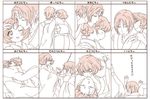  1girl chart cheek_kiss closed_eyes couple forehead_kiss hanayama321 hand_kiss hetero hoozuki_(hoozuki_no_reitetsu) hoozuki_no_reitetsu horn horns hug japanese_clothes kiss kiss_chart long_sleeves monochrome oni peach_maki pointy_ears rope translated 