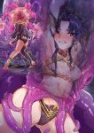 1girl armlet armpits arms_up ass asymmetrical_legwear asymmetrical_sleeves barefoot bikini black_hair blush bound breasts cameltoe chthonian_(fate) clenched_teeth commentary_request defeat detached_sleeves earrings elbow_gloves fate/grand_order fate_(series) furrowed_brow fuwa_uneuchi gloves hair_ribbon heavenly_boat_maanna highres hoop_earrings ishtar_(fate) jewelry long_hair medium_breasts midriff mismatched_bikini navel neck_ring red_eyes restrained ribbon single_detached_sleeve single_elbow_glove single_thighhigh swallowing sweat swimsuit teeth tentacles thighhighs tiara two_side_up uneven_legwear uneven_sleeves vore 