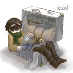  artist_request black_hair blue_eyes canteen copyright_name goggles hermes in_container jacket jar kino kino_no_tabi luggage pants scarf short_hair simple_background suitcase tin_can 