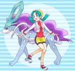  artist_request bike_shorts blue_eyes blue_hair crystal_(pokemon) hat jacket pokemon pokemon_(game) pokemon_gsc suicune twintails 