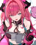 1girl :d absurdres aqua_eyes arknights arknights:_endfield asususususu bare_shoulders black_gloves black_horns breasts cleavage collarbone commentary_request cropped_jacket dot_nose dragon_girl dragon_horn dragon_horns flower_in_eye flying_sweatdrops from_above gloves hair_intakes highres horns jacket large_breasts light_blush long_hair looking_at_viewer midriff multicolored_gloves multicolored_horns navel open_clothes open_jacket pink_gloves pink_hair pink_horns pink_jacket simple_background smile solo stomach sweatdrop symbol_in_eye two-sided_gloves two-tone_gloves two-tone_horns upper_body yvonne_(arknights) 