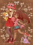  bag bare_legs black_legwear blonde_hair blue_eyes bow bracelet brown_hair copyright_name dark_skin eyewear_on_head fennekin gen_6_pokemon goomy green_eyes handbag hat heart highres jewelry long_hair multiple_girls open_mouth pleated_skirt pokemon pokemon_(creature) pokemon_(game) pokemon_xy porkpie_hat profile quad_tails sana_(pokemon) serena_(pokemon) shirt short_shorts shorts skirt sleeveless sleeveless_shirt smile sunglasses tasuku_(bixbite) thighhighs walking 