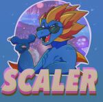 2021 3_fingers anthro artist_name biped blue_body blue_eyes blue_scales chameleon character_name claws dated digital_media_(artwork) eyewear fingerguns fingers grainy_background horn lizard male male_anthro markings open_mouth pilotpigeons reptile resting_arm scale_markings scaler scaler_(character) scales scalie smile smirk solo spines sunglasses sunglasses_on_face teeth text title yellow_body yellow_horn yellow_scales