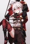  1boy antenna_hair armor arms_up asymmetrical_sleeves bandaged_arm bandaged_hand bandages bdsm black_armor black_sandals black_scarf blush bow brown_bow brown_shorts crossed_bangs genshin_impact hair_between_eyes highres japanese_clothes juliet_sleeves kaedehara_kazuha kimono leaf_print long_sleeves looking_at_viewer male_focus maple_leaf_print multicolored_hair oil-paper_umbrella pom_pom_(clothes) puffy_sleeves red_eyes red_hair red_ribbon red_scarf red_thighhighs ribbon rope sandals scarf short_hair short_sleeves shorts sidelocks simple_background solo standing standing_on_one_leg streaked_hair striped_bow sweatdrop tassel teeth thighhighs thighs umbrella white_background white_hair white_kimono wide_sleeves yakipaimon3 