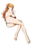  absurdres ass back barefoot blue_eyes breasts brown_hair cup eating feet food full_body hair_ornament highres hu58013901 light_brown_hair long_hair looking_at_viewer looking_back lying medium_breasts neon_genesis_evangelion on_side panties rebuild_of_evangelion shikinami_asuka_langley sideboob simple_background soles solo souryuu_asuka_langley striped striped_panties toes topless underwear white_background 