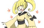  black_nails blonde_hair bow fukumitsu_(kirarirorustar) furisode furisode_girl_(pokemon) furisode_girl_karen japanese_clothes kimono long_hair looking_at_viewer nail_polish open_mouth pokemon pokemon_(game) pokemon_xy simple_background solo twintails yellow_eyes 