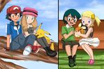  2boys 2girls black_hair blonde_hair blue_eyes brown_hair cloud couple creature eureka_(pokemon) fingerless_gloves glasses gloves green_hair happy masato_(pokemon) miniskirt multiple_boys multiple_girls nintendo open_mouth outdoors pants pikachu pokemon pokemon_(anime) pokemon_(game) pokemon_xy satoshi_(pokemon) serena_(pokemon) shorts sitting skirt sky smile 