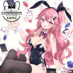  1girl animal_ears bare_shoulders black_hairband black_leotard bow bowtie breasts brown_pantyhose card cleavage clothing_cutout commission covered_navel detached_collar dodosako fake_animal_ears fangs gradient_eyes hair_ornament hair_ribbon hairband hand_up highleg highleg_leotard highres indie_virtual_youtuber large_breasts leotard long_hair looking_at_viewer multicolored_eyes open_mouth pantyhose pink_hair playboy_bunny playing_card poker_chip rabbit_ears red_eyes ribbon side-tie_leotard side_cutout sitting skeb_commission skindentation smile solo star_(symbol) star_hair_ornament strapless strapless_leotard thighs virtual_youtuber wavy_hair wrist_cuffs 