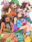  4girls absurdres alternate_color between_breasts blue_shirt blush braid breasts brown_eyes brown_hair bucket_hat charizard closed_mouth commentary_request dark-skinned_female dark_skin green_skirt hat highres ivysaur large_breasts leaf_(pokemon) long_hair looking_at_viewer loose_socks multiple_girls one_eye_closed open_mouth orange_shirt pikachu pokemoa pokemon pokemon_frlg porkpie_hat red_skirt shirt skirt sleeveless sleeveless_shirt smile socks squirtle strap_between_breasts super_smash_bros. twin_braids w white_hat white_shirt wristband 