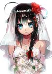  ahoge bare_shoulders black_hair blue_eyes bouquet braid collarbone dress elbow_gloves flower gloves hair_flower hair_ornament hair_over_shoulder hairclip highres jewelry kairi_(kai_ri) kantai_collection long_hair looking_at_viewer necklace shigure_(kantai_collection) single_braid solo veil wedding_dress white_background 