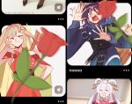  3girls :3 :d @_@ ^_^ animal_ears bare_shoulders blue_kimono blush cho_kaguya-hime! closed_eyes closed_mouth commentary crescent crescent_hair_ornament english_commentary flower forehead_jewel fox_ears fox_girl fox_tail fushi_(cho_kaguya-hime!) green_eyes hair_ornament hair_rings hair_stick hand_on_own_hip highres hood hood_down japanese_clothes kaguya_(cho_kaguya-hime!) kimono long_sleeves looking_at_another looking_up lop_rabbit_ears medium_hair meme mscheckacheck multiple_girls nose_blush open_mouth orange_eyes purple_hair rabbit_ears red_flower red_kimono red_rose rose runami_yachiyo sakayori_iroha screenshot_background smile tail throwing white_hair woe_plague_be_upon_ye_(meme) yuri 