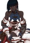  1girl asymmetrical_pants bare_shoulders beads belt black_eyes black_hair bob_cut boots breasts commentary_request dark-skinned_female dark_skin detached_sleeves earrings facepaint gauntlets gloves hair_beads hair_ornament highres hoop_earrings jewelry large_breasts light_smile monster_hunter_(series) monster_hunter_wilds multiple_belts nadia_(monster_hunter_wilds) navel pants reitomo short_hair sideboob simple_background sitting sleeveless solo very_dark_skin white_background white_boots white_pants 